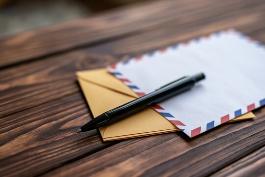The Pen Resting on a Vintage Airmail Letter on a Wooden Desk Surface