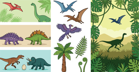 Cute Dinosaur Vector Icon Set and Jungle Landscapes Featuring Triceratops Stegosaurus Pterodactyl Tyrannosaurus Rex and Tropical Plants for Kids Design © Masud
