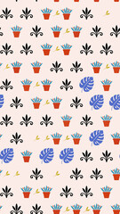 Pattern of potted plants, fleur-de-lis and monstera leaves © desty