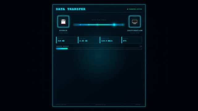 Futuristic UI digital window showing data transfer progress with cyan glowing loading bar, source to destination file upload, and modern sci-fi dashboard layout