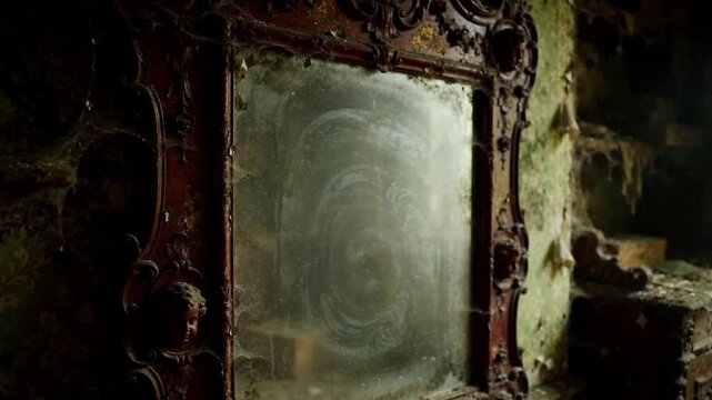 Ornate mirror hanging on a weathered and textured wall inside an abandoned dusty room.