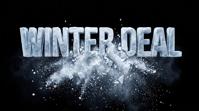 Winter Deal ice typography with snow explosion on black background