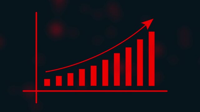 Dynamic red bar chart animation showing exponential business growth and financial success with rising arrow trend line on dark background, for corporate presentations, marketing reports, and data