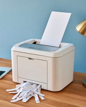 White paper shredder on wooden desk with shredded strips falling out, blank sheet feeding in, blue wall background and gold lamp