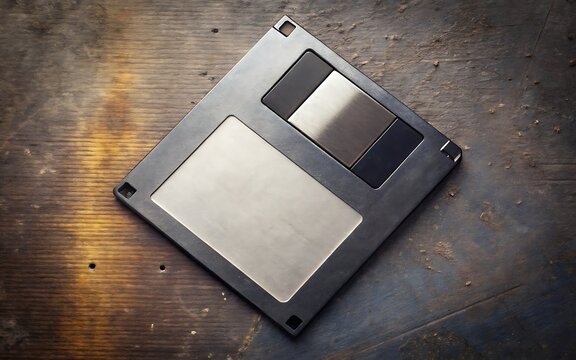 Vintage Floppy Disk Placed at an Angle on a Dark Weathered Wooden Surface diskette