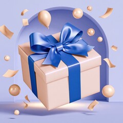 Obraz premium Festive gift box wrapped in pearl paper with iridescent blue ribbon bow, floating golden spheres and confetti against soft purple arch background
