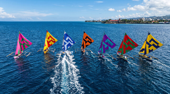 Zamboanga Hermosa Festival, Colorful Vintas Sailboats Racing on Sea with Traditional Woven Sail Philippines