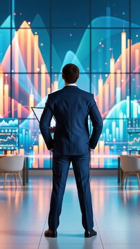 Businessman in dark suit standing with tablet, facing large digital screen displaying glowing financial charts and data visualizations in blue and orange tones