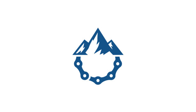 Outdoor adventure logo featuring majestic snowy mountain peaks above a durable circular bicycle chain segment.