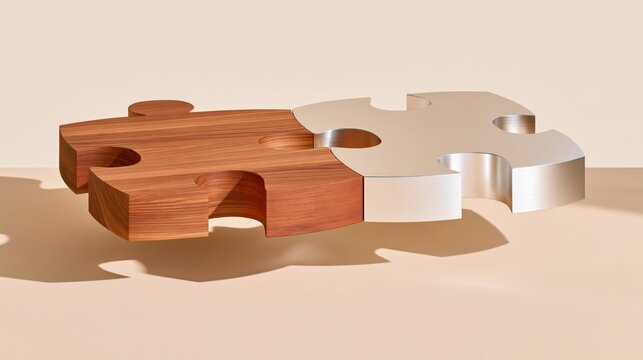 Two large interlocking puzzle pieces, one carved wood with grain texture, one oiled metal, casting soft shadows on beige surface