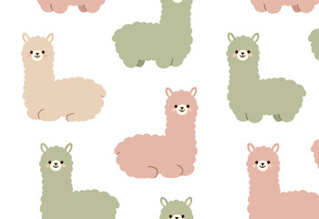 Obraz premium Seamless Pattern Illustration Featuring Cute Pastel Alpacas on White Background