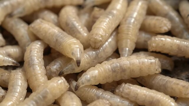 Pile of live mealworm larvae close-up, fishing bait and animal feed