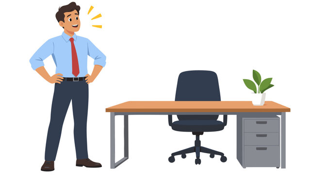 Happy confident proud businessman in blue shirt standing with hands on hips smiling at clean empty tidy organized office desk with chair and plant isolated on white background flat vector art