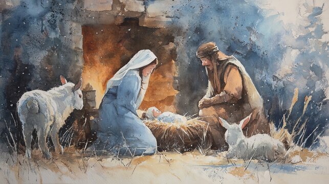 Traditional watercolor painting depicting the sacred nativity scene with holy family and animals inside stable setting