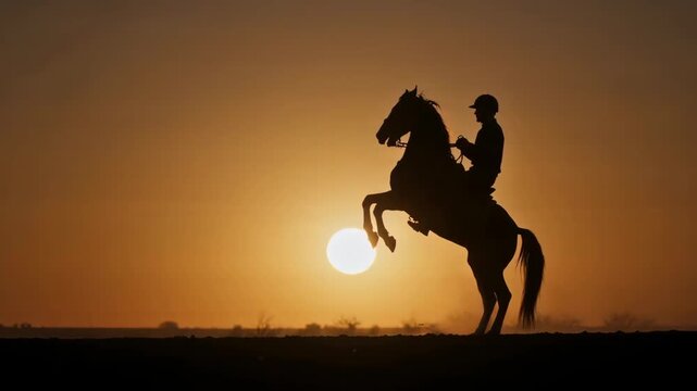 Cowboy rider on rearing horse silhouette at sunset, western scene