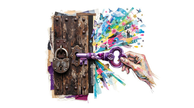 A hand holding a purple key unlocking a wooden door releasing a burst of colorful imagination isolated on transparent background