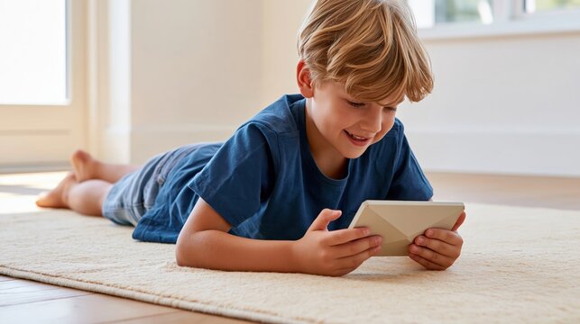 Young boy lying on stomach on beige rug indoors, smiling while using tablet, natural light from window, casual home scene