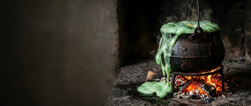 Witch s cauldron boiling green potion over fire in dark dungeon.