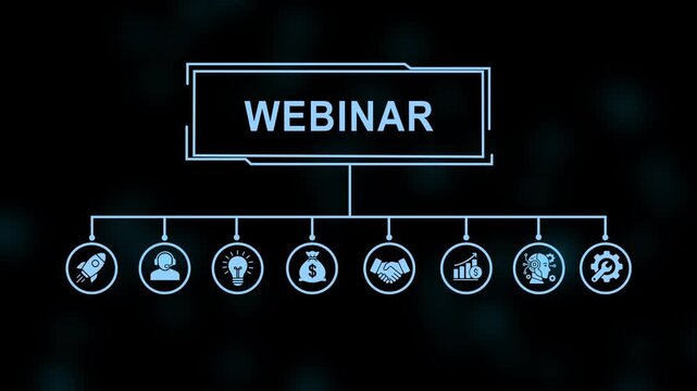 Webinar infographic animation featuring digital for business strategy, online education, financial growth, artificial intelligence, and corporate communication concepts on dark background