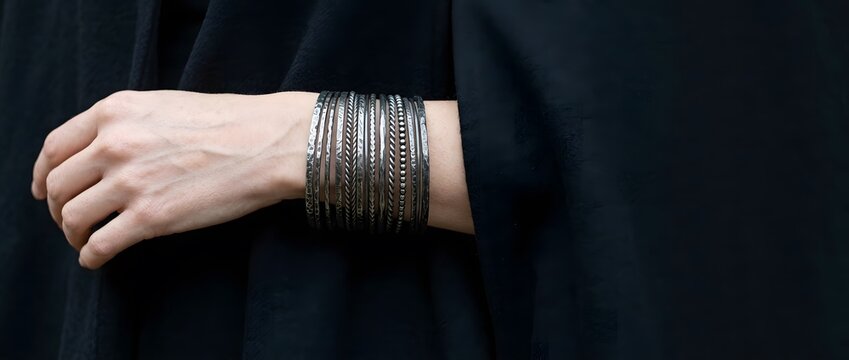 A close up of a person wearing stacked metal bracelets on their wrist.