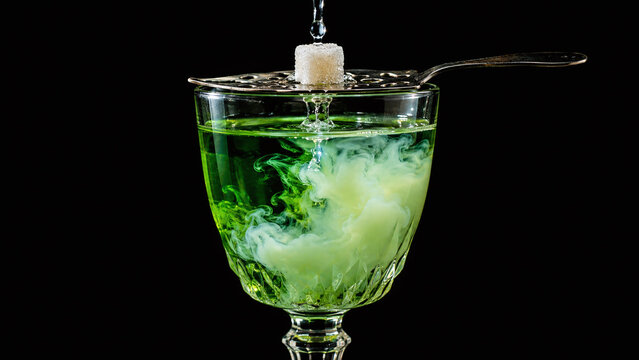 Absinthe louche effect macro dramatic dark macro beverage photography commercial drink
