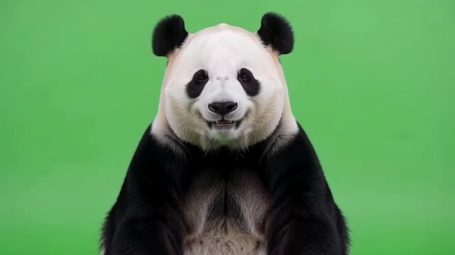 Giant panda bear sitting facing camera on green screen background