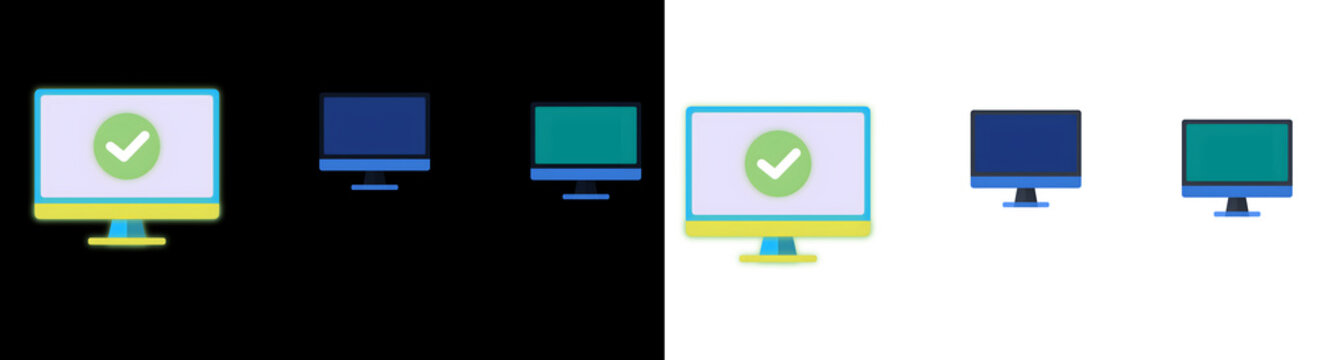 Set of computer monitor icons with check mark sign and blank screens for business and technology user interface design and digital web graphics