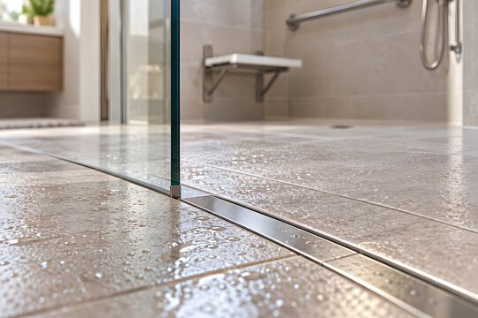 Zero threshold walk in shower entrance designed for accessible bathroom