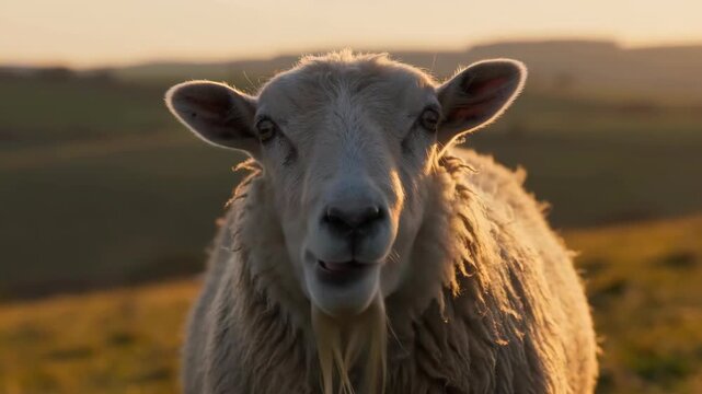 Sheep lamb head close-up facing camera, woolly farm animal portrait
