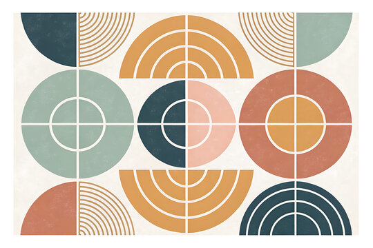 Minimal abstract geometric composition, overlapping circles, arches and rounded rectangles, balanced asymmetrical layout, soft neutral palette, clean vector style, crisp edges, isolated on white backg