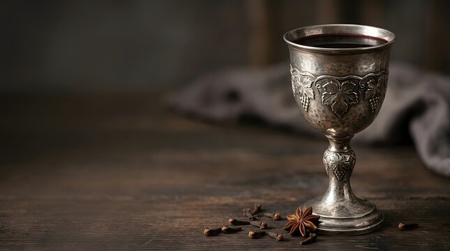 A detailed silver goblet filled with dark liquid rests on a rustic wooden table with spices.