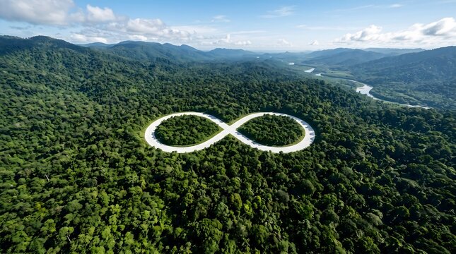 Infinity symbol road winding through lush green tropical rainforest aerial view