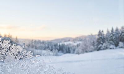 Obraz premium Frosty window pane looking out over a snowy winter landscape at sunrise