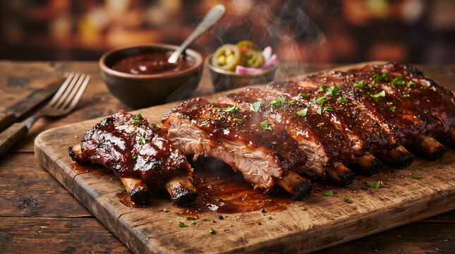 Close up of deliciously roasted barbecue pork ribs with mouthwatering slices of tender meat