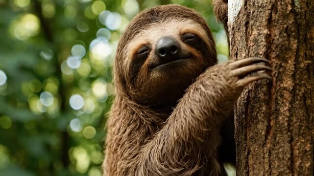 Close-up video angle of a sloth on a tree, capturing its gentle expression in a lush forest. Live desktop wallpaper.