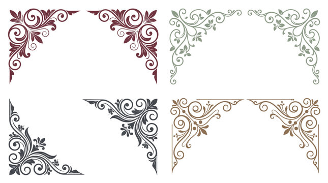 Set of four vintage decorative corner frames in different colors, elegant floral scrollwork patterns for wedding invitations, certificates, and classic stationery designs