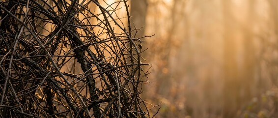 Obraz premium Dense tangled dry branches and thorns in a misty golden forest at sunrise.