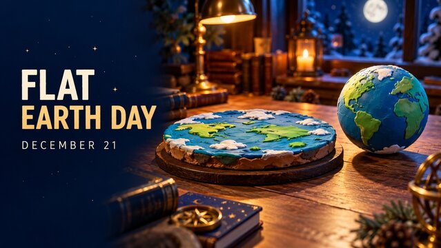 Flat Earth Day December 21 Concept with Flat Planet Cake Model and Round Globe on Wooden Desk