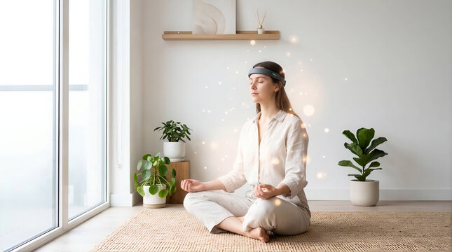 Mindful meditation and stress relief with modern biofeedback technology and glowing light particles