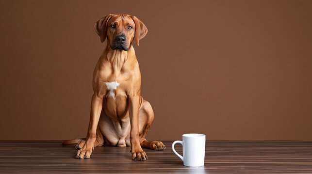 Seated rhodesian ridgeback dog beside white ceramic mug on dark wood surface against brown studio background