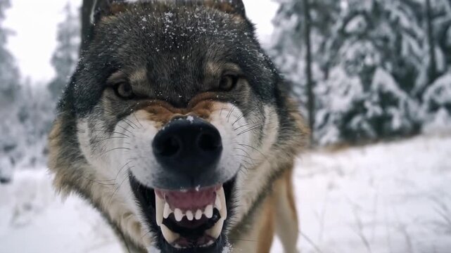 Close-up video of a snarling wolf in snowy forest, low-angle shot capturing fierce expression.