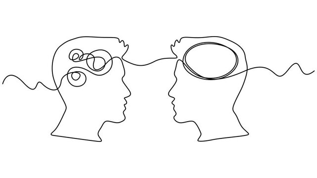 Two Heads Opposite Thinking Continuous Line Animation Psychology Concept, Person Complicated Brain animation continuous one line drawing. Self drawing animation of one continuous line two human heads,
