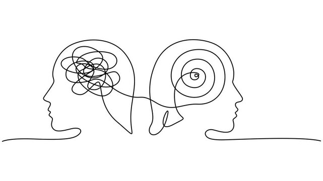 Two Heads Opposite Thinking Continuous Line Animation Psychology Concept, Person Complicated Brain animation continuous one line drawing. Self drawing animation of one continuous line two human heads,