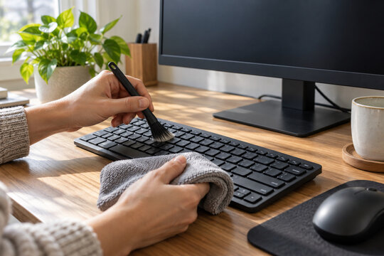 Hands cleaning a computer keyboard during a home office desk reset