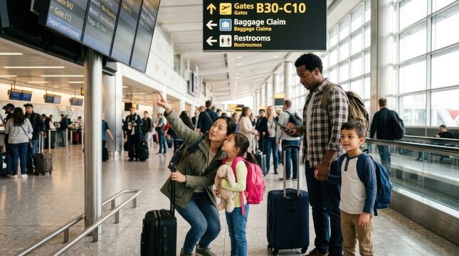 Diverse Travelers Waiting in Airport Terminal with Luggage and Digital Displays