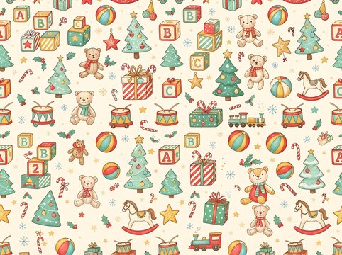Nursery christmas toys seamless pattern with teddy bears wooden blocks and rocking horses on cream background.