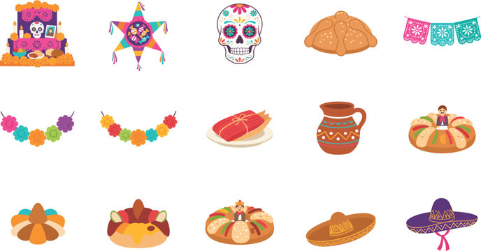 Traditional Day of the Dead Mexican Celebration Vector Icon Set Featuring Sugar Skull, Ofrenda Altar, Pan De Muerto, Tamales, and Sombrero Festive Graphics