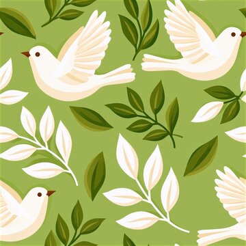 White birds in flight among green and cream leaves on seamless pattern background, flat illustration style with soft natural tones