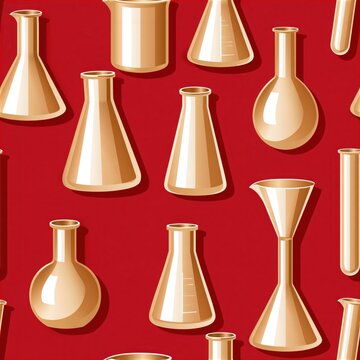 Golden laboratory glassware pattern on deep red background featuring flasks, beakers, test tubes and funnels in seamless arrangement