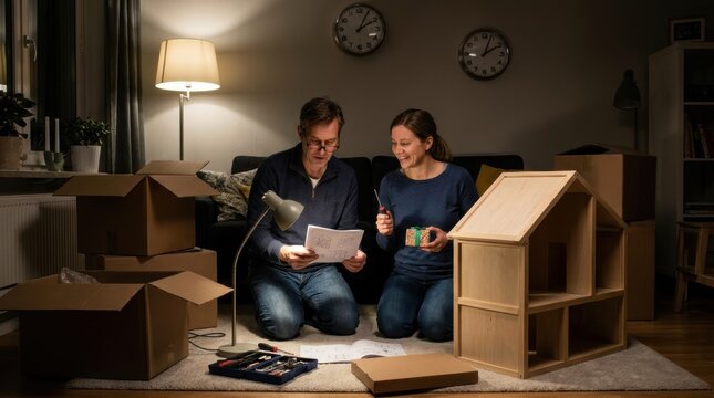 Happy couple assembling and unpacking cardboard boxes in cozy living room